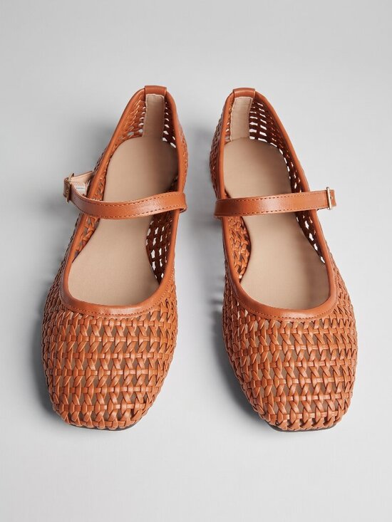 Shoes - Women's Brown Woven Mary Jane Ballet Flats Square Toe Casual PU Leather Shoes